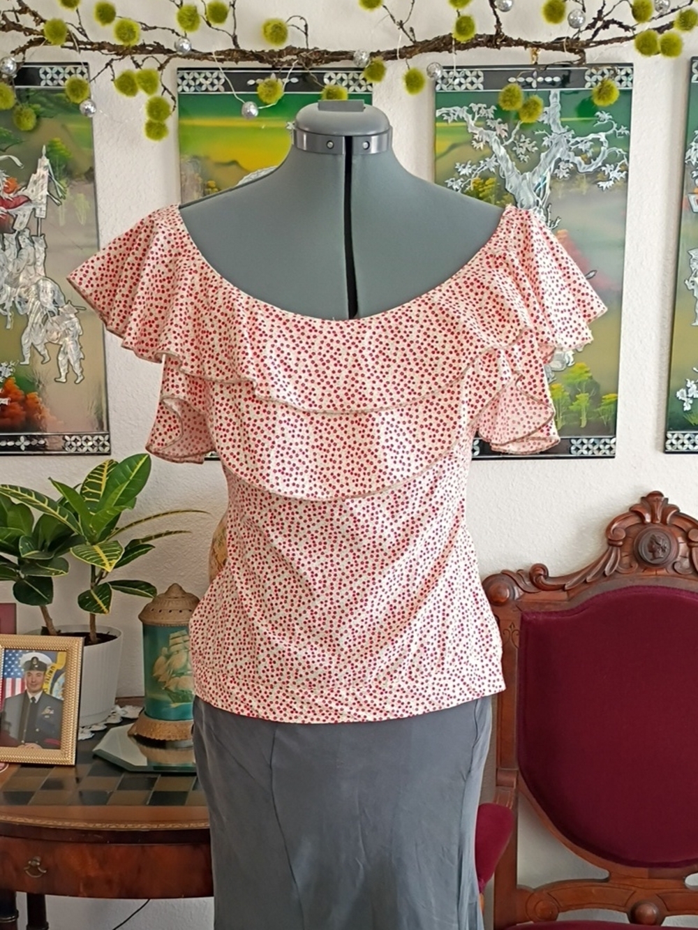 Amin Phillips  Off The Shoulder Ruffle Floral Print Blouse Red Green And Cream